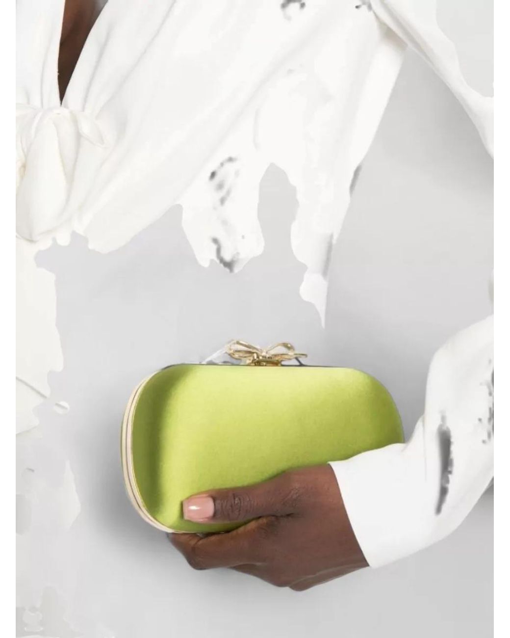 Self-Portrait Green The Bow Satin Clutch Bag