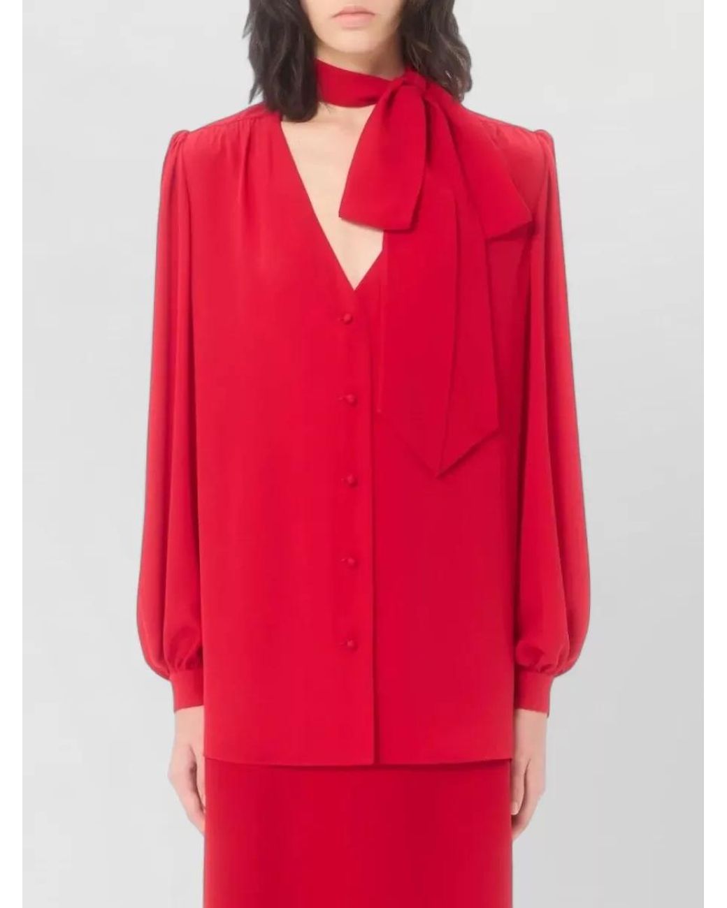 Valentino Garavani Red Silk Scarf-Neck Blouse