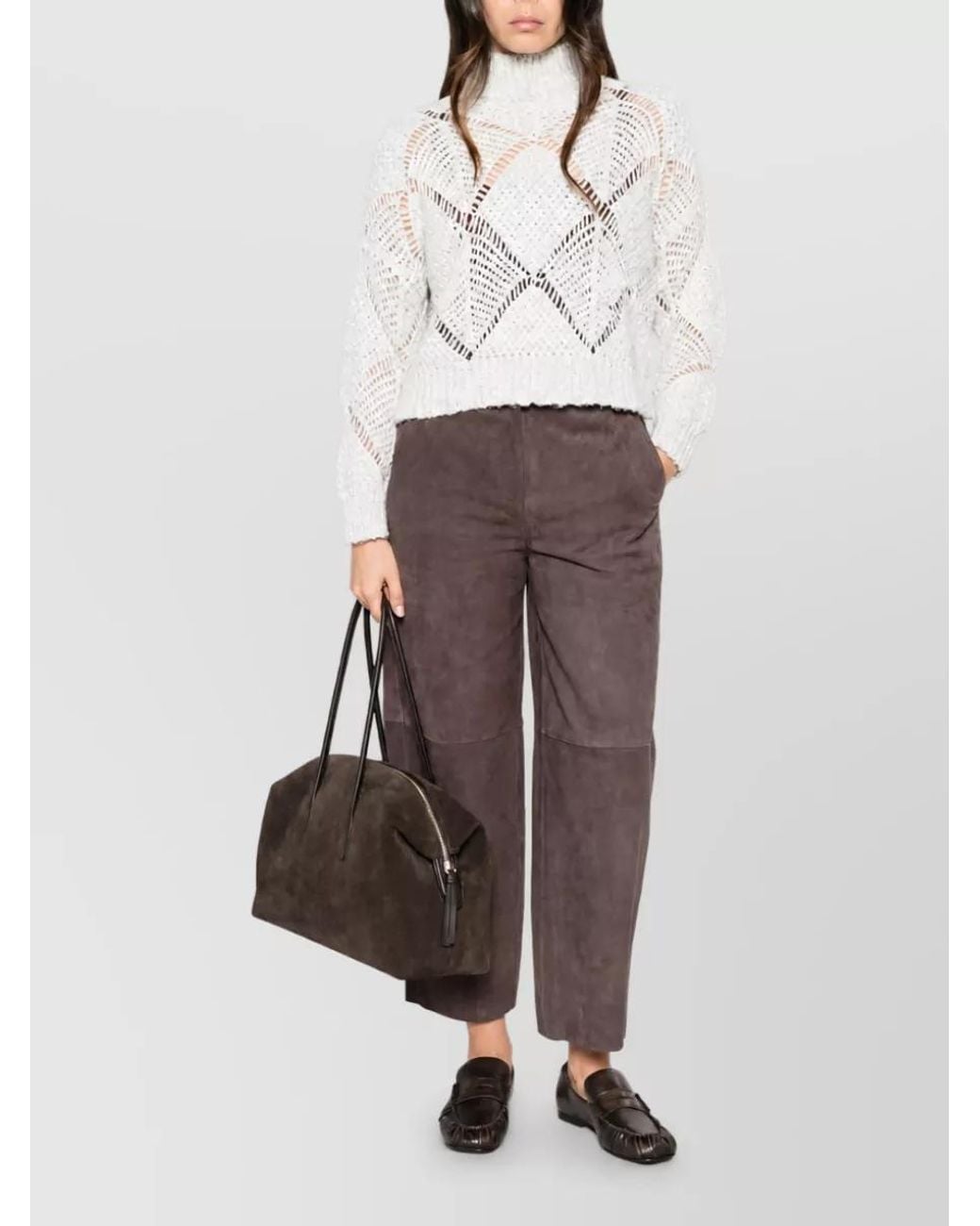 Via Masini 80 Brown Suede Leather Paneled Wide-Leg Trousers