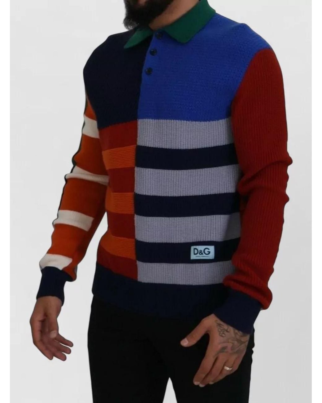 Dolce & Gabbana Blue Virgin Wool Striped Long-Sleeve Polo Shirt for men