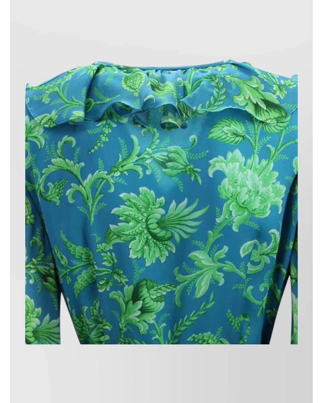 Etro Green Silk Floral-Print Ruffled V-Neck Long-Sleeve Wrap Maxi Dress