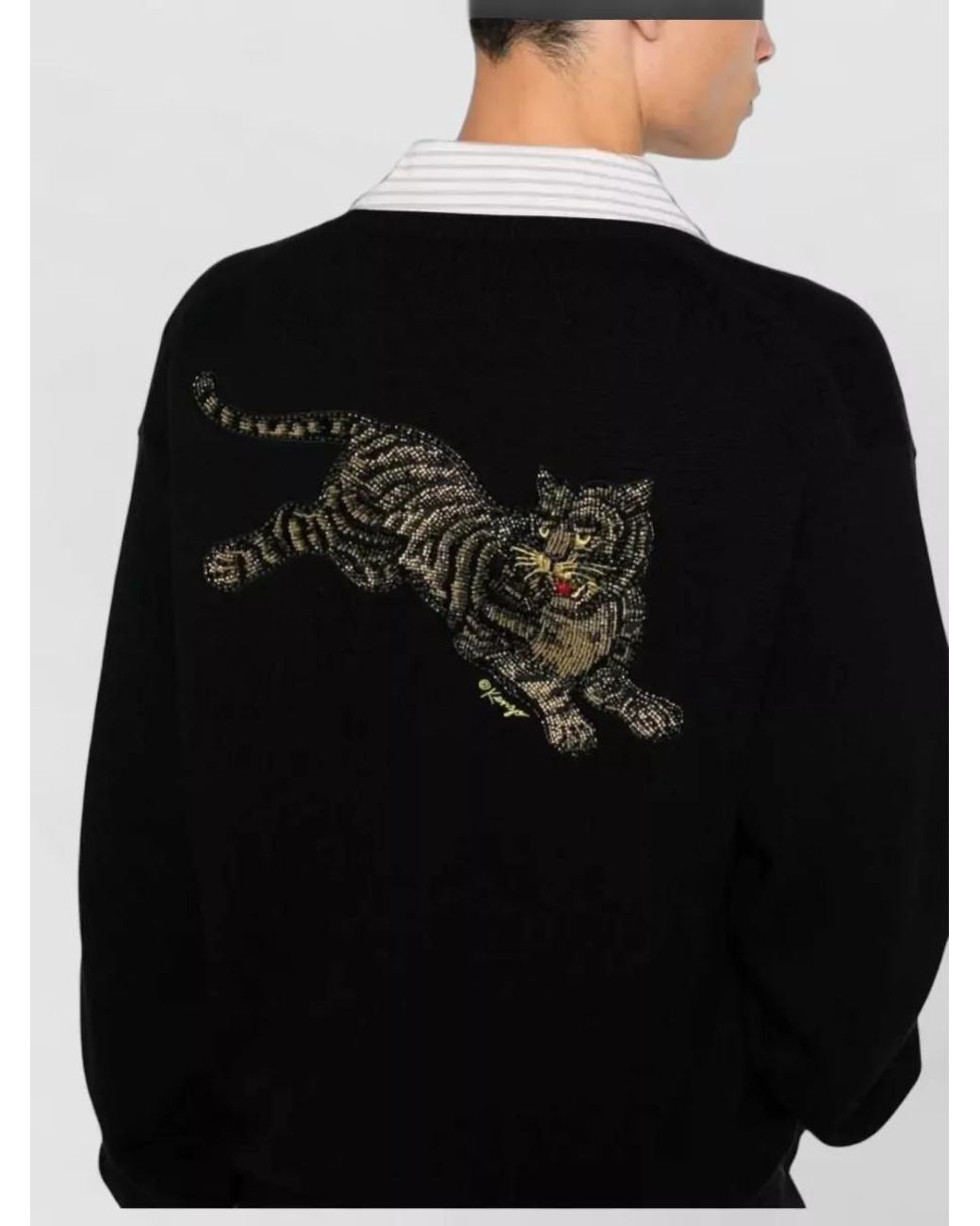 KENZO Black Wool Cotton Beaded V-Neck Cardigan for men