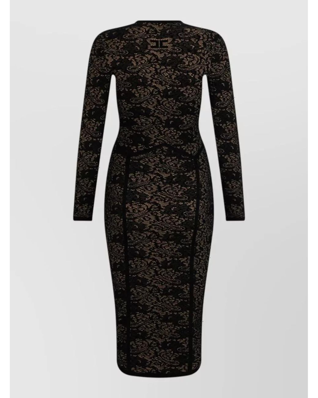Elisabetta Franchi Black Patterned Deep V-Neck Long-Sleeve Midi Dress