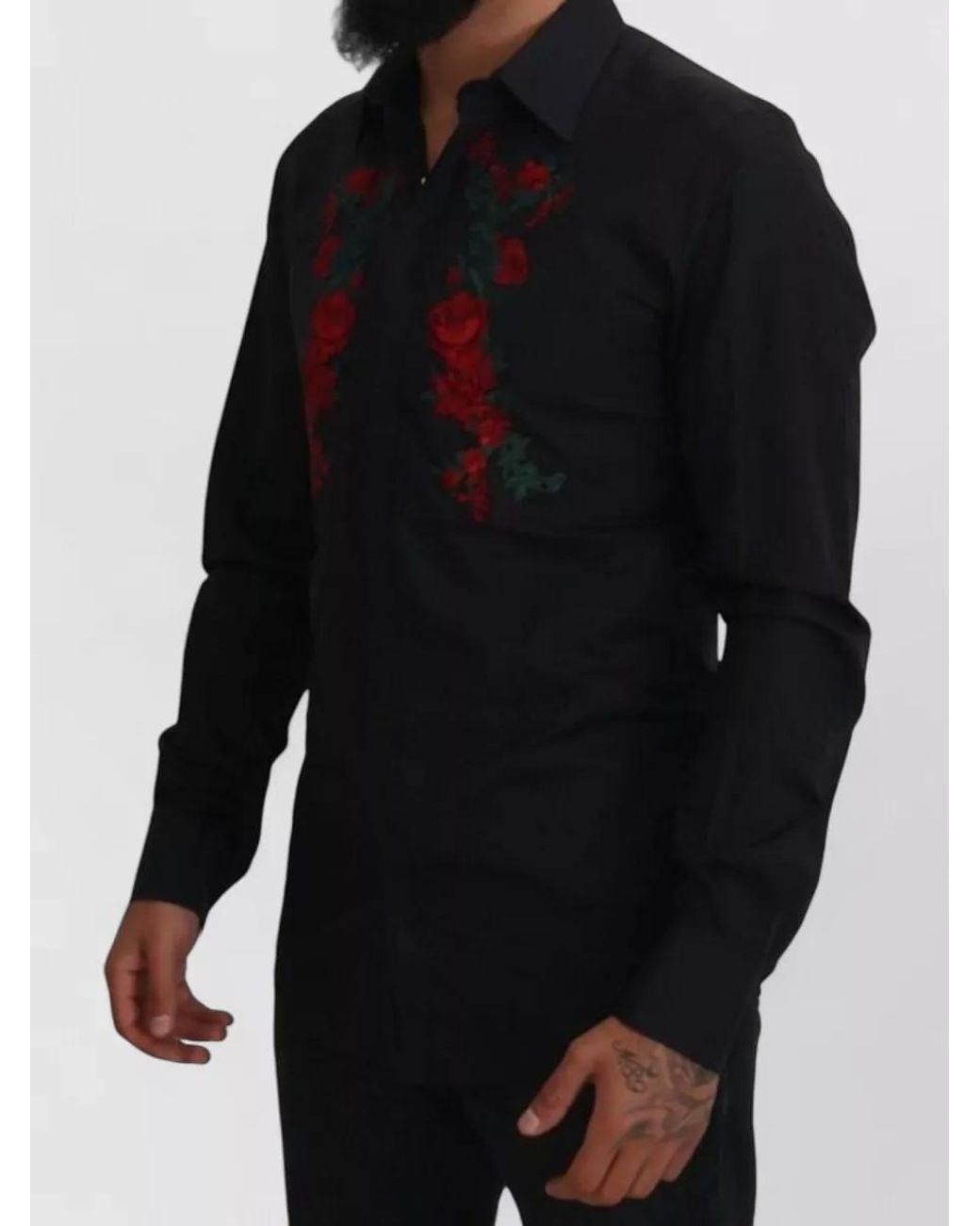 Dolce & Gabbana Black Cotton Floral-Embroidered Long-Sleeve Shirt for men
