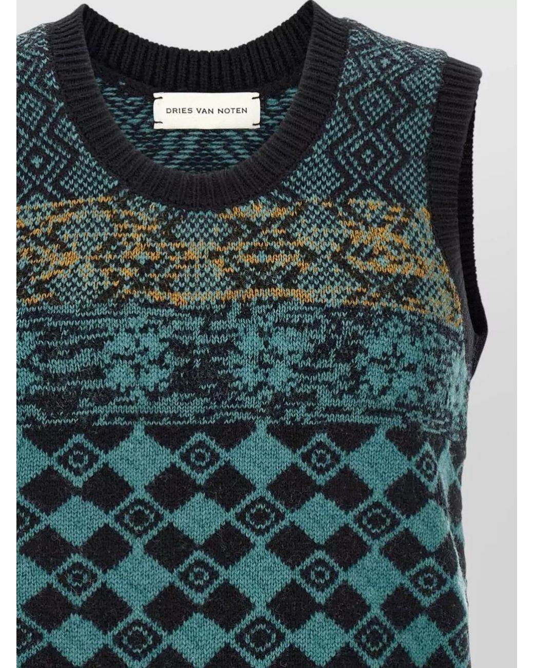 Dries Van Noten Green Wool Geometric Knit Sleeveless Vest for men