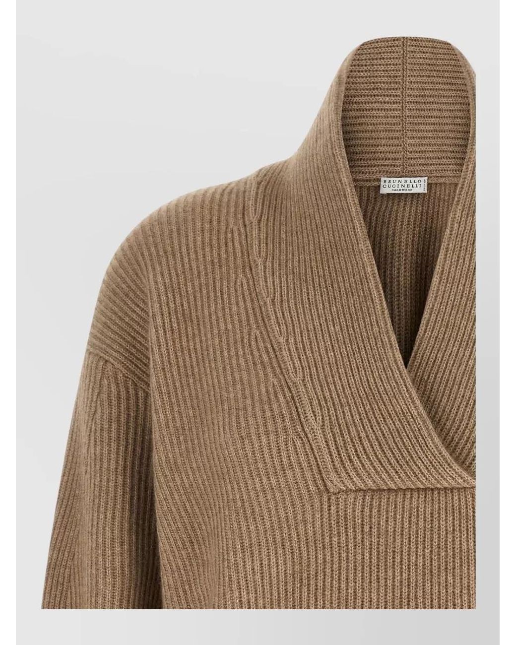 Brunello Cucinelli Natural Cashmere English-Rib Shawl-Neck Sweater