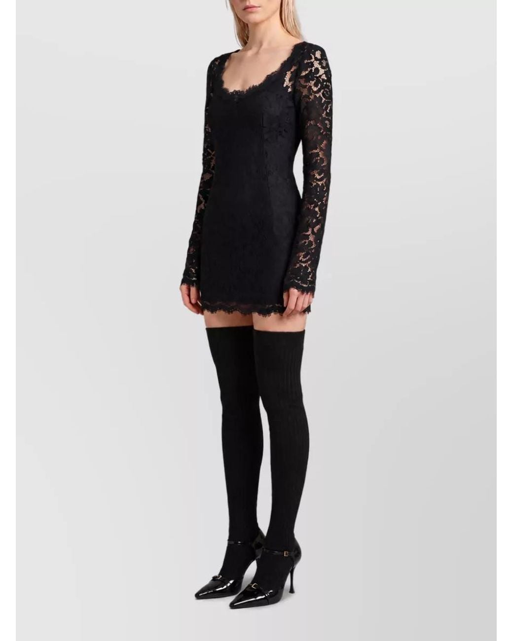 Dolce & Gabbana Black Lace Long-Sleeve Fitted Mini Dress