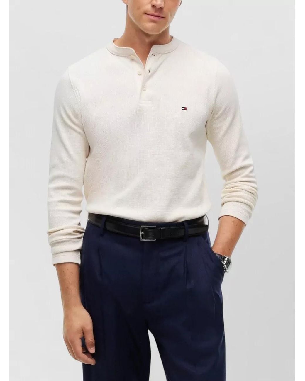 Tommy Hilfiger White Cotton Waffle-Knit Slim-Fit Long-Sleeve Henley T-Shirt for men