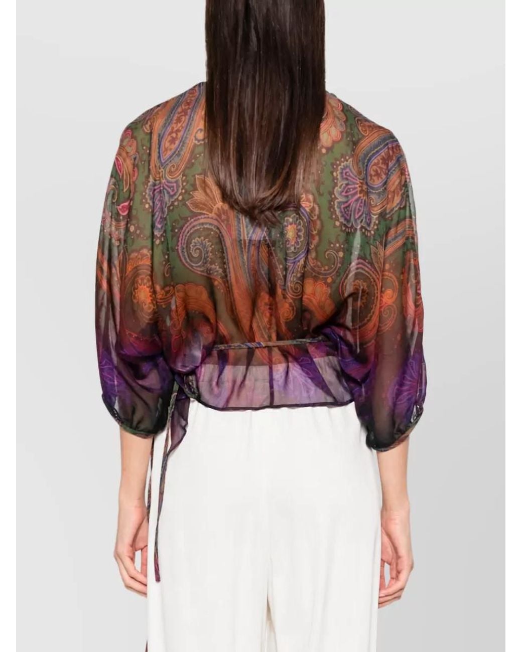 Etro Multicolor Silk Paisley-Print Wrap Ruffled V-Neck Short-Sleeve Blouse
