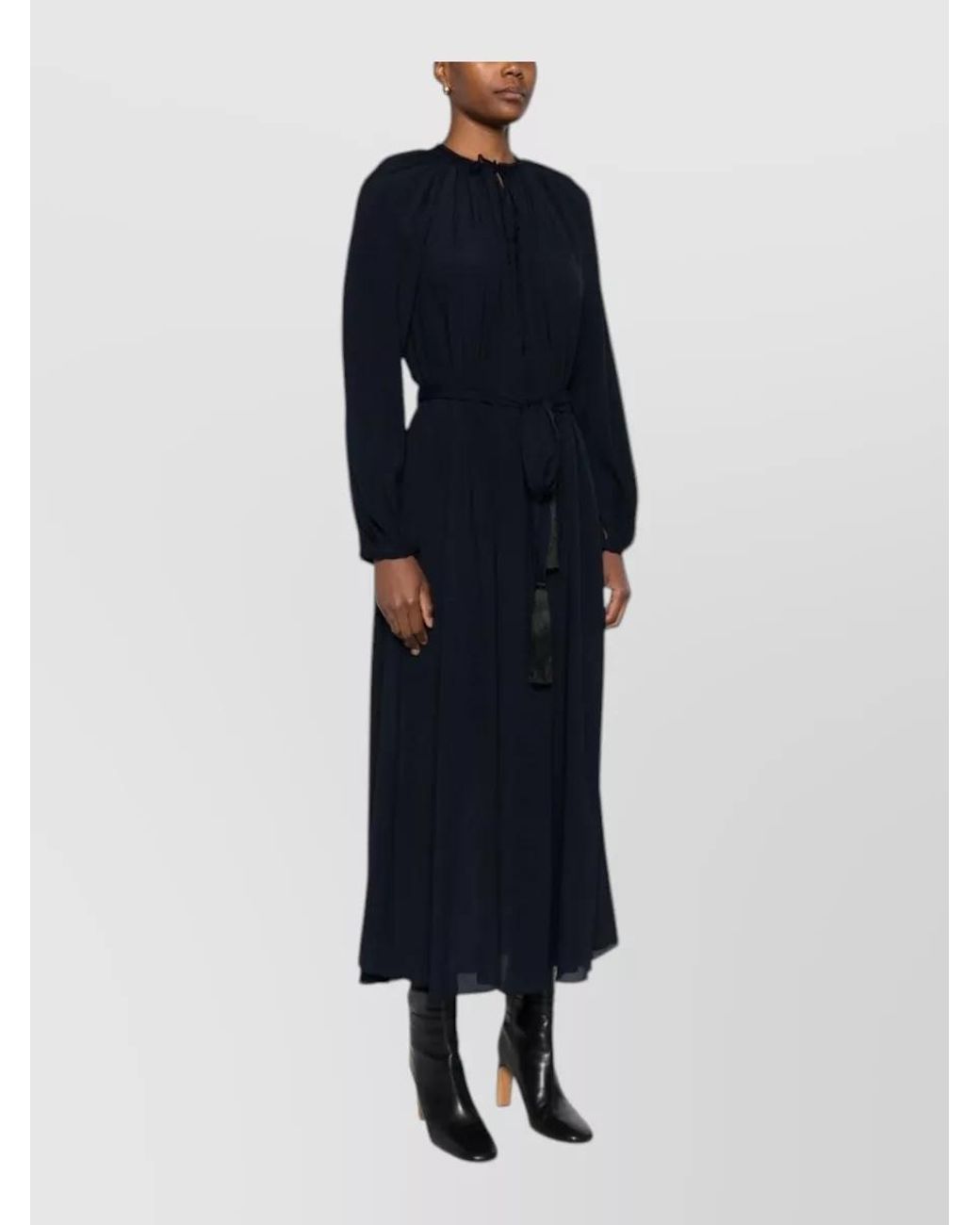 Forte_forte Blue Silk Crepe De Chine Tie Neck Long Sleeve Maxi Dress