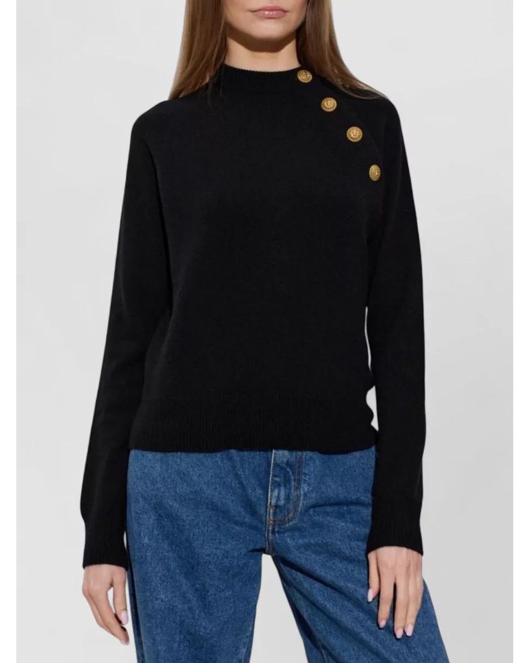 Balmain Blue Cashmere Fine-Knit Mock-Neck Sweater
