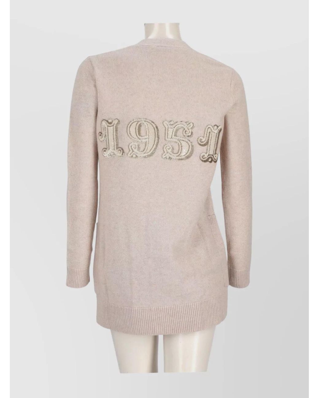 Max Mara Natural Cashmere Wool Sequin Embroidered V-Neck Long-Sleeve Cardigan