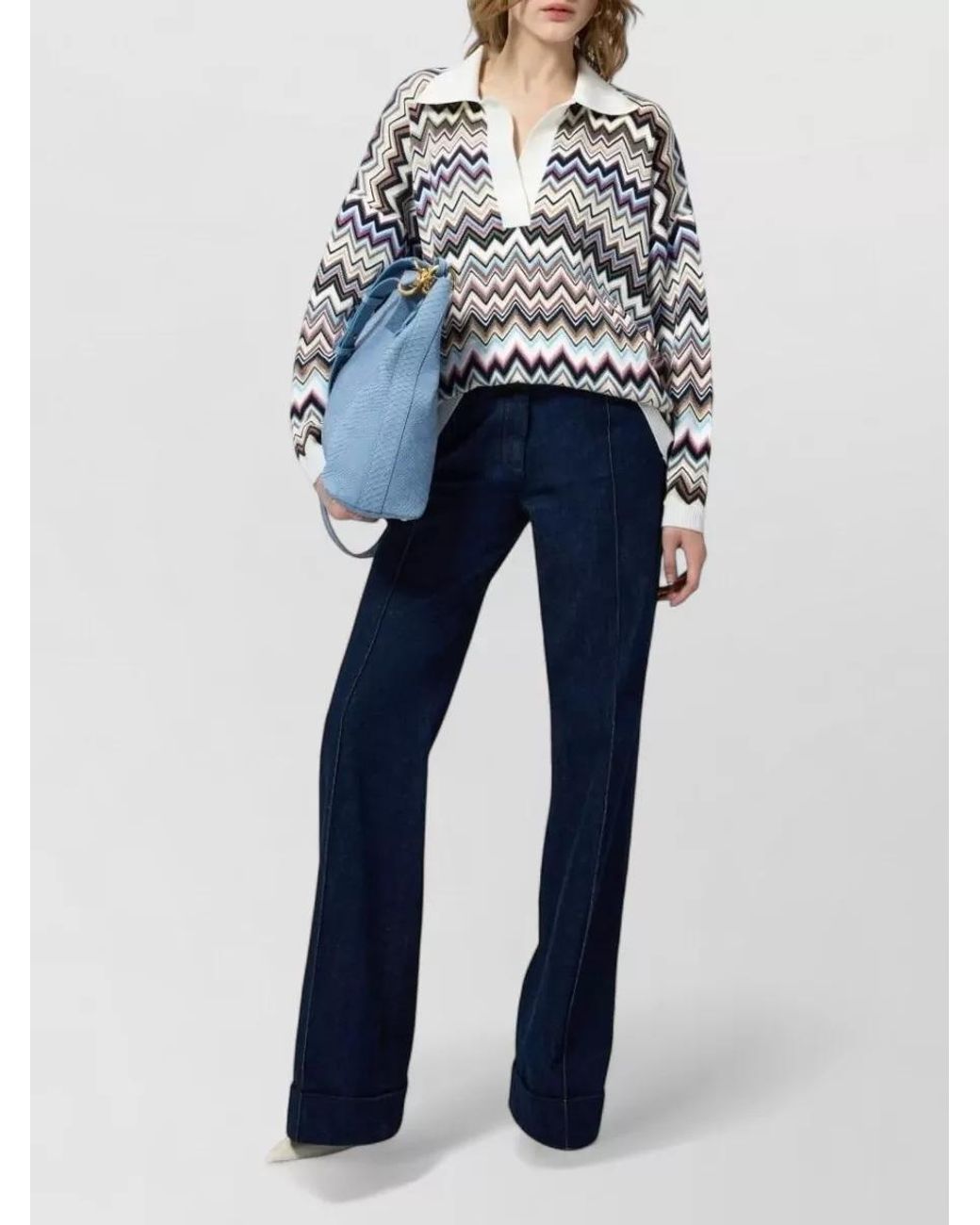 Missoni White Zigzag Knit Oversized V-Neck Long-Sleeve Polo Jumper