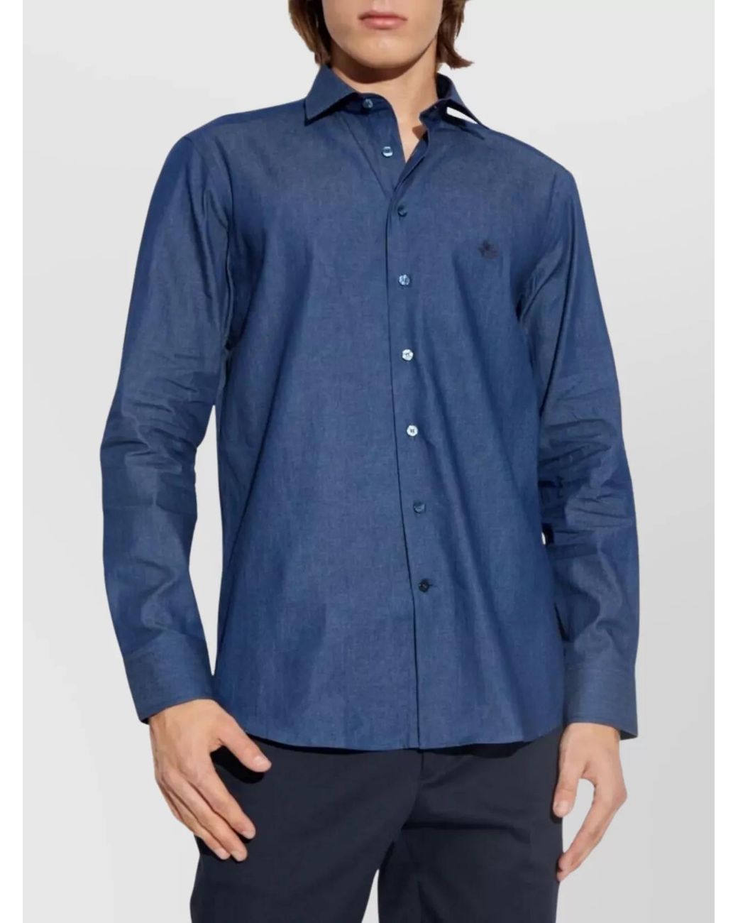 Etro Blue Embroidered Logo Cotton Shirt for men
