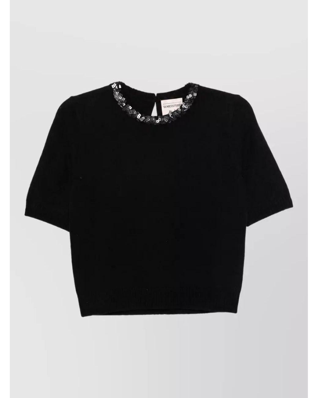 Semicouture Black Cashmere Wool Sequin-Embellished Short-Sleeve Crew-Neck Knitted Top
