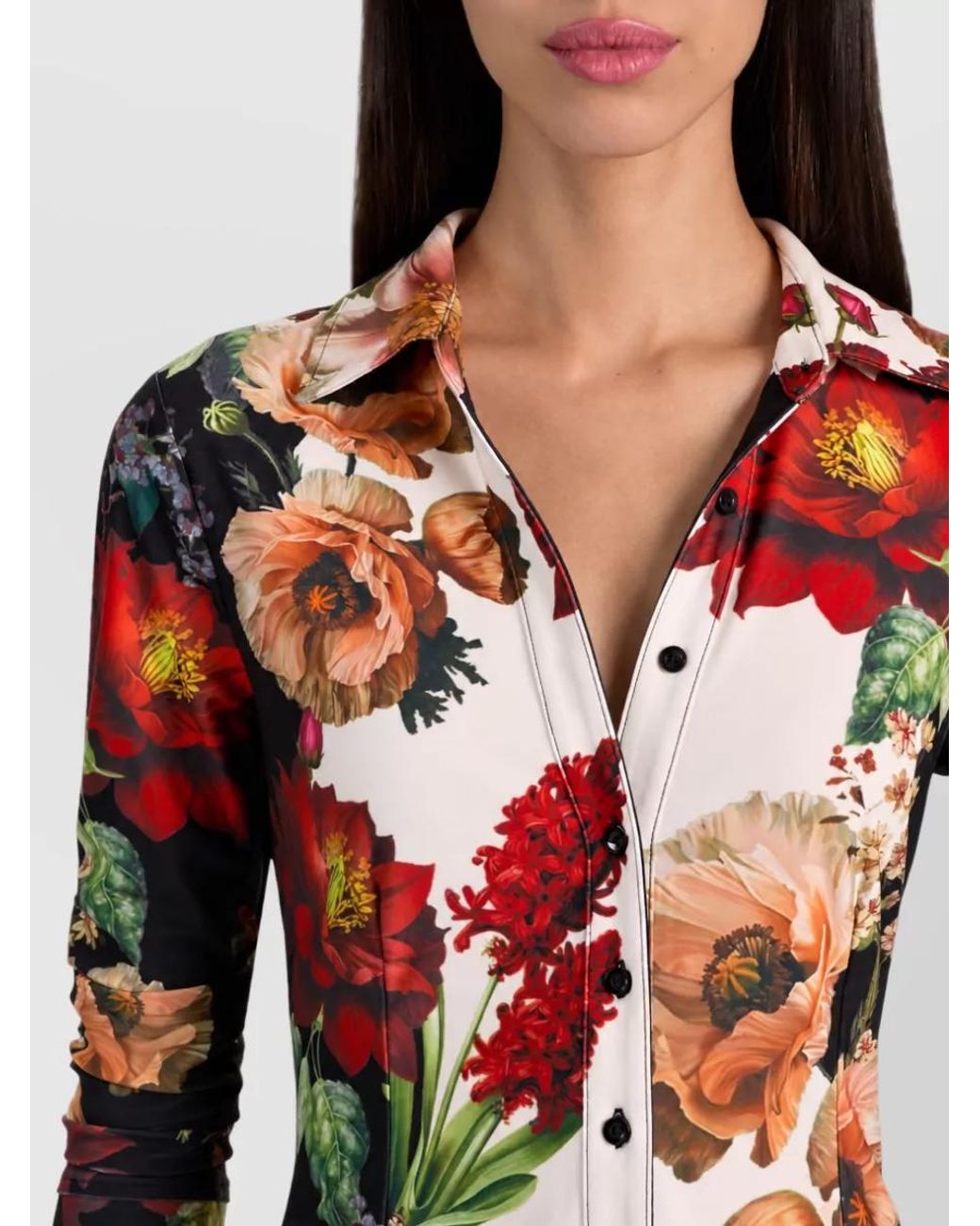 Alice + Olivia Red Floral Print Long Sleeve Shirt