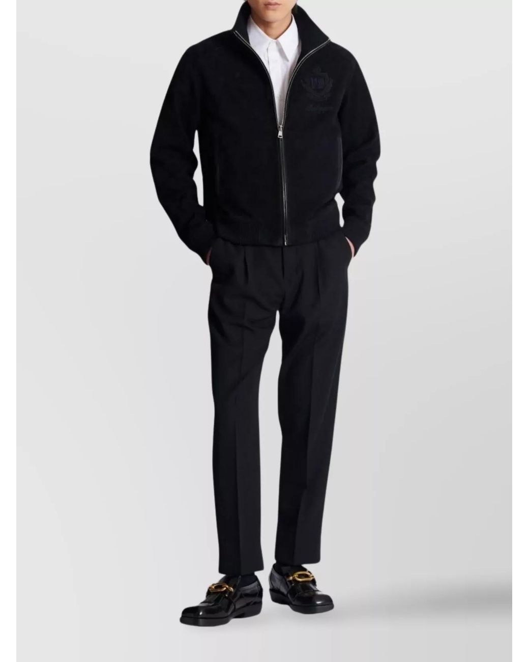 Balmain Black Suede Leather Embroidered Bomber Jacket for men