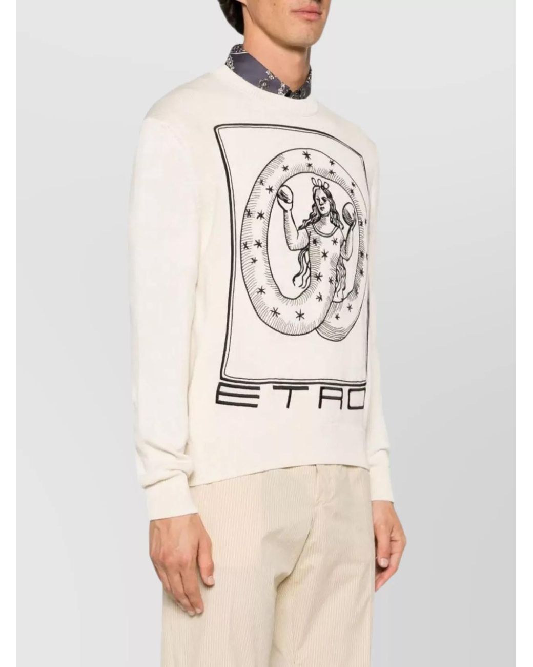 Etro Natural Cotton Logo Embroidered Crew Neck Sweater for men