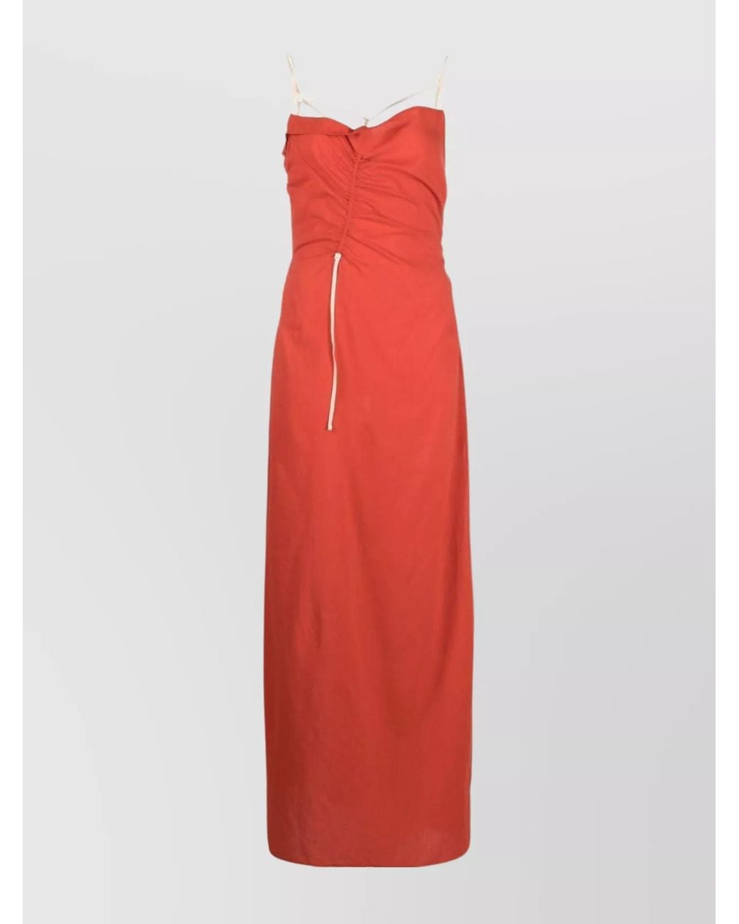 Jacquemus Cotton Draped Gathered Square Neck Spaghetti Strap Ankle-Length Dress