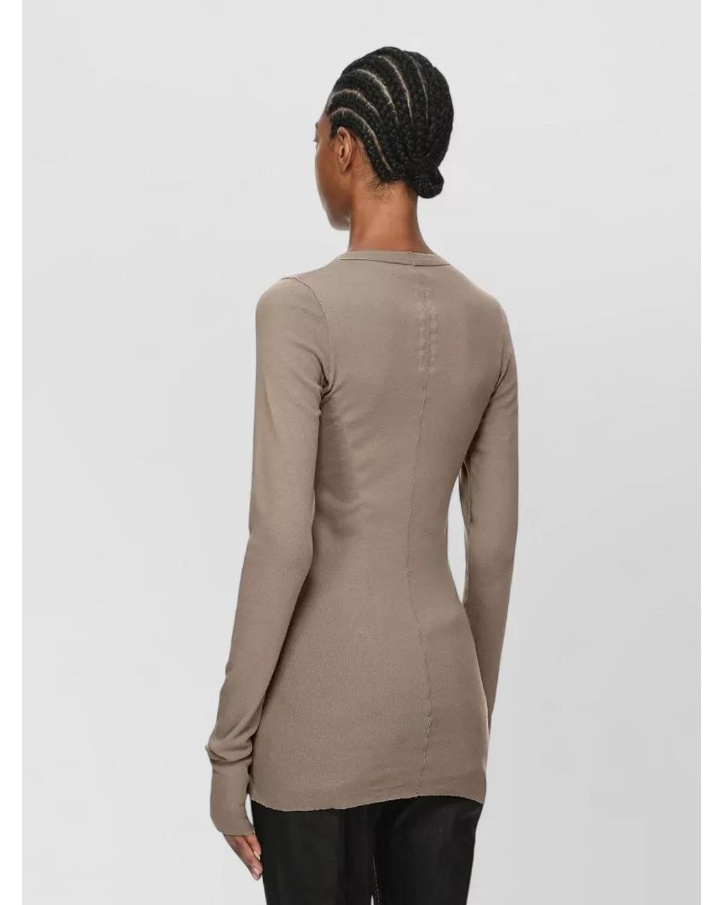 Rick Owens Natural Ribbed Slim Fit Long Sleeve Cotton T Shirt