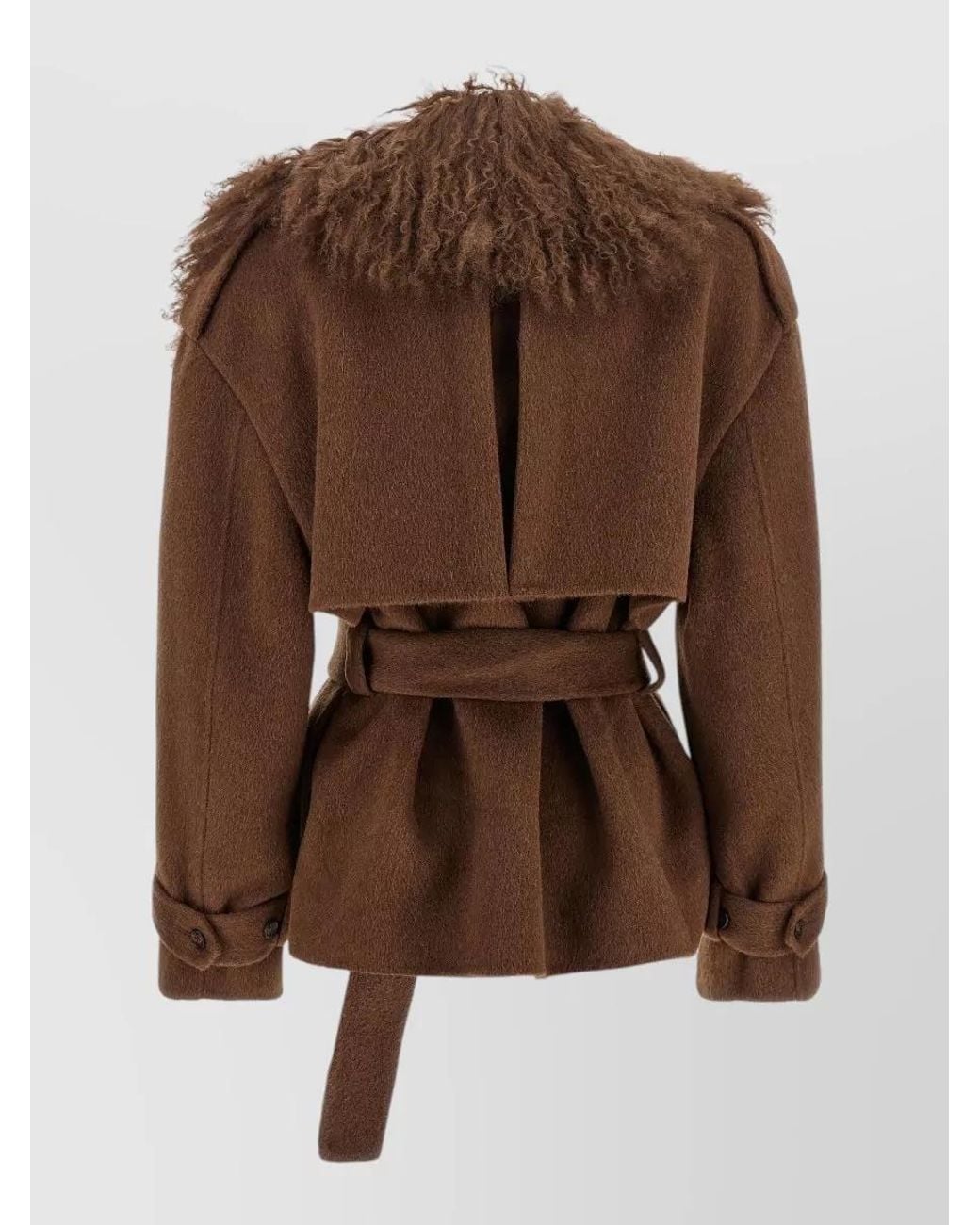 GIUSEPPE DI MORABITO Brown Shearling Collar Double-Breasted Belted Short Coat