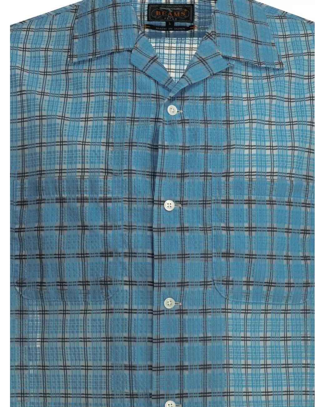 Beams Plus Blue Plaid Open Collar Nylon Shirt for men
