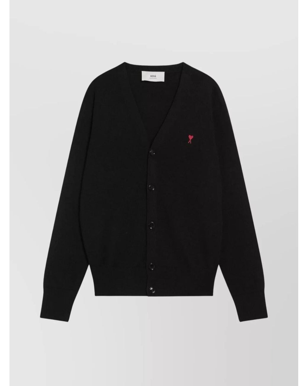 AMI Black Merino Wool Fine-Knit V-Neck Cardigan for men