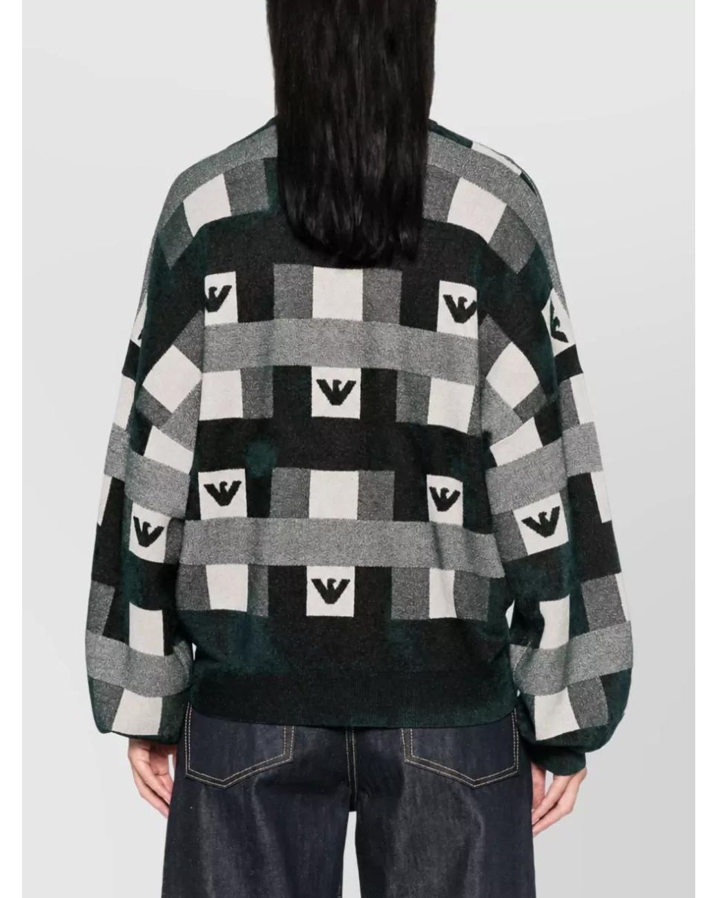 Emporio Armani Black Checked Logo-Intarsia Crew-Neck Sweater