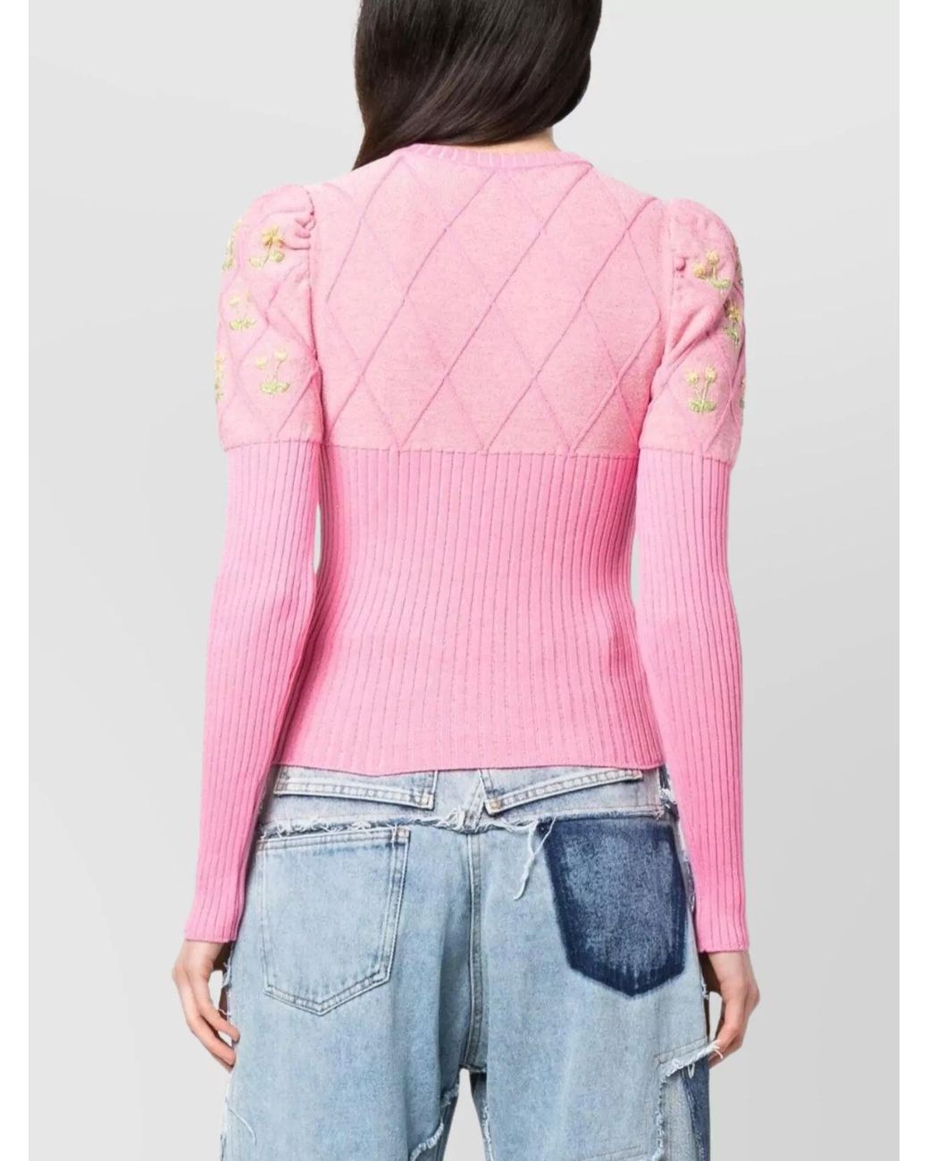 Cormio Pink Metallic Knit Floral Embroidered Long-Sleeve Top