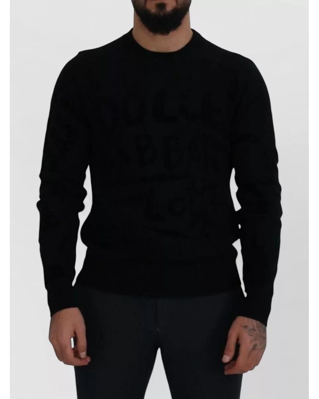 Dolce & Gabbana Black Wool Logo-Pattern Crewneck Sweater for men