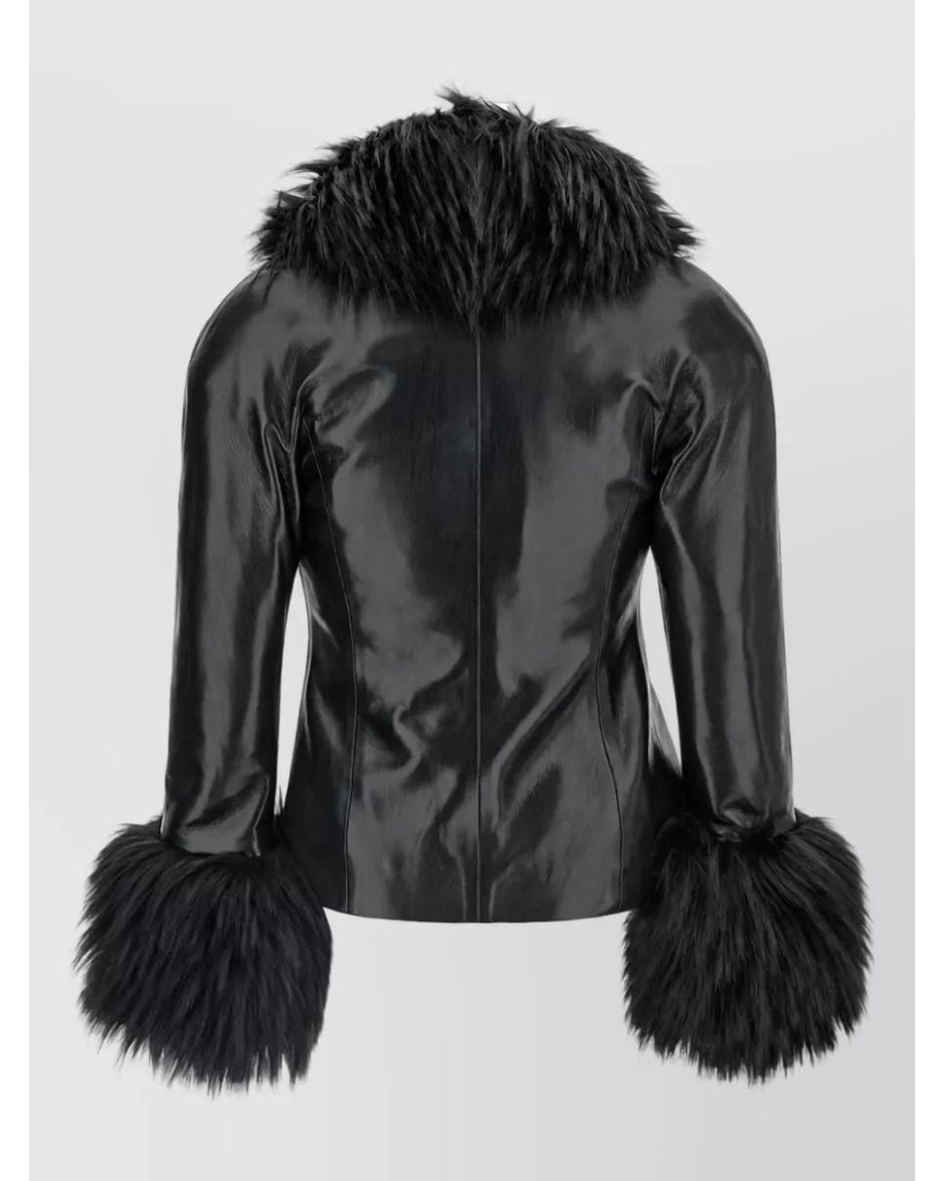 ANDAMANE Black Faux Fur Trim Leather-Effect Fitted Jacket
