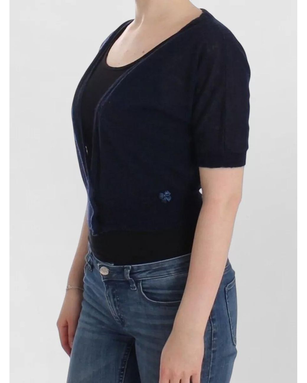 Ermanno Scervino Black Alpaca Wool Short-Sleeve V-Neck Cropped Cardigan