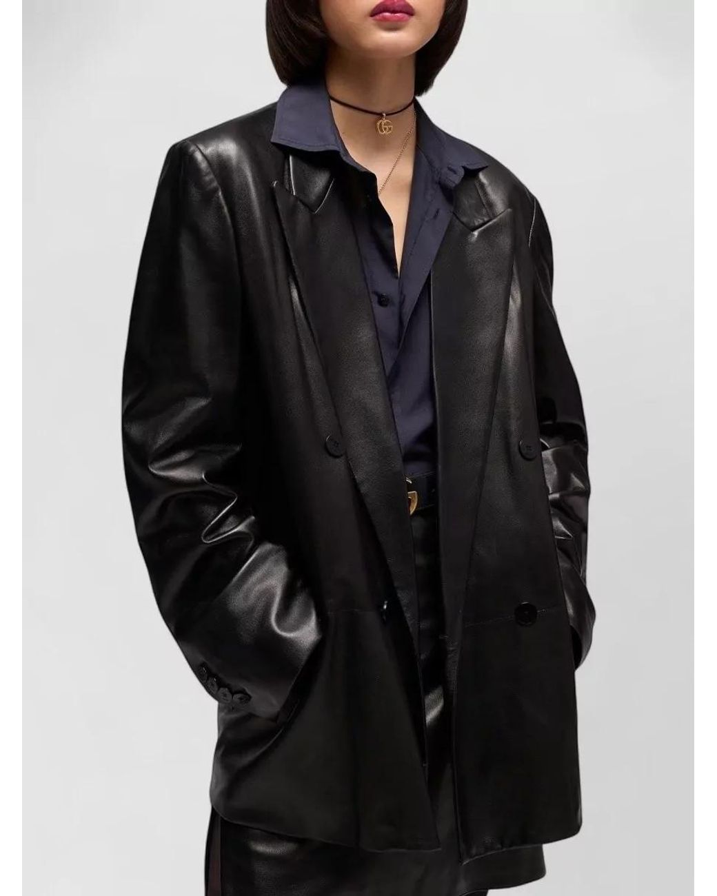 Gucci Black Leather Oversized Double-Breasted Blazer