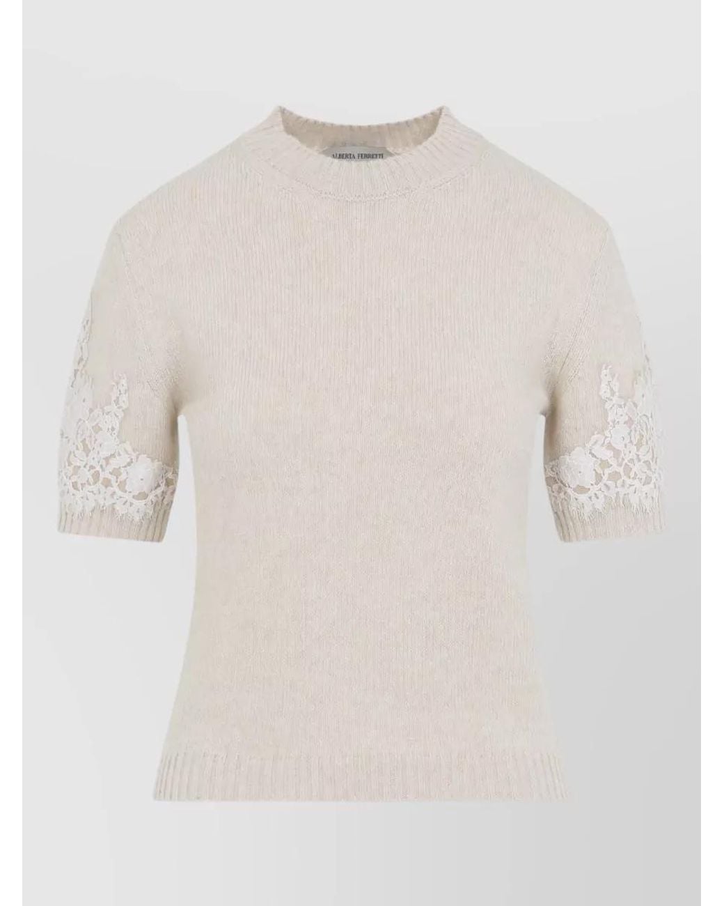 Alberta Ferretti White Cashmere Mock Neck Ribbed Knit T-Shirt