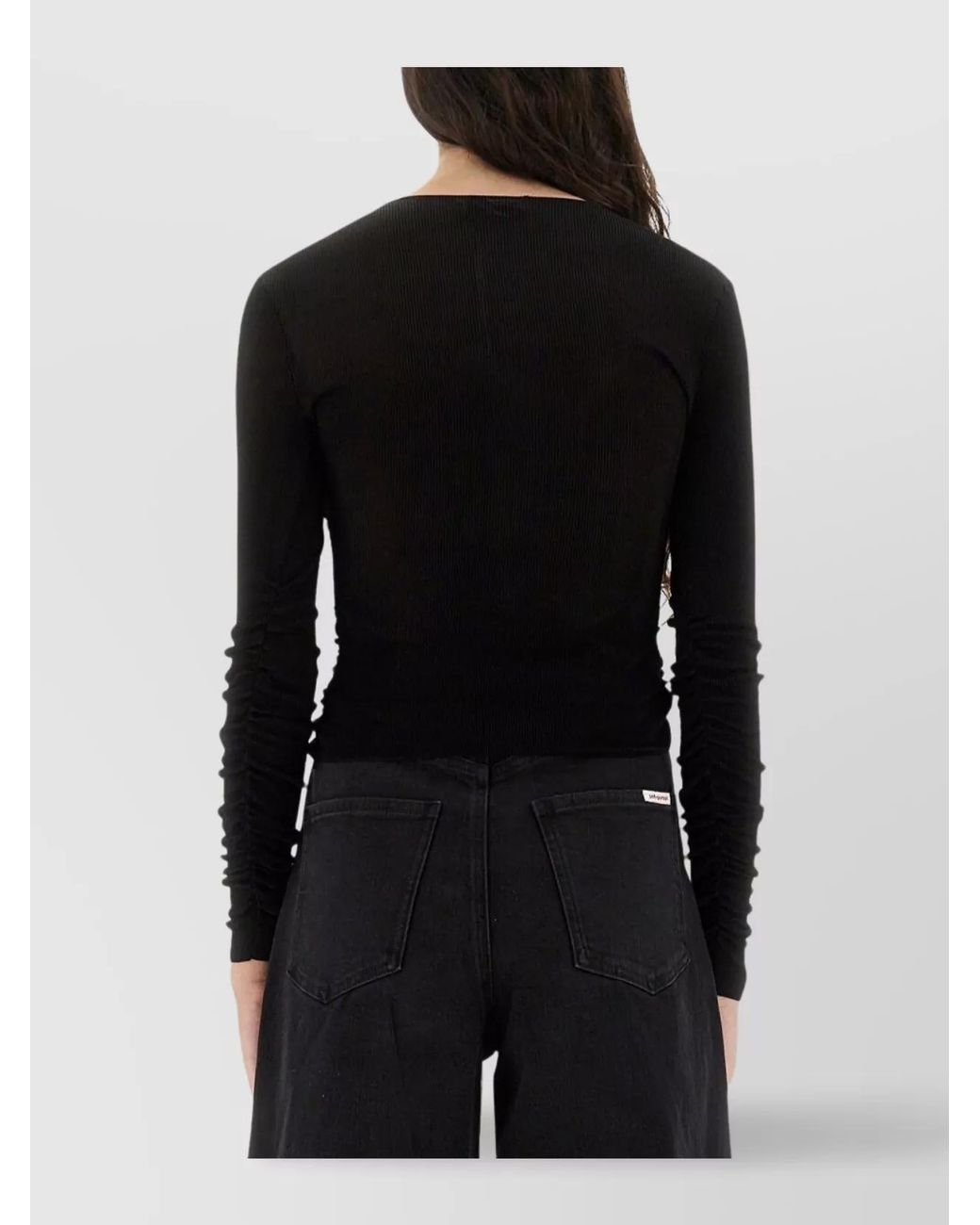 Self-Portrait Black Viscose Slim-Fit Draped V-Neck Knit Top