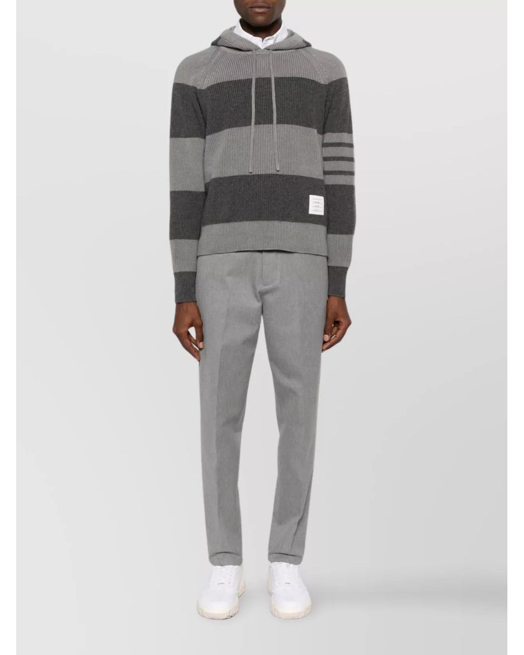 Thom Browne Gray Cashmere Striped Ribbed-Knit Hoodie for men