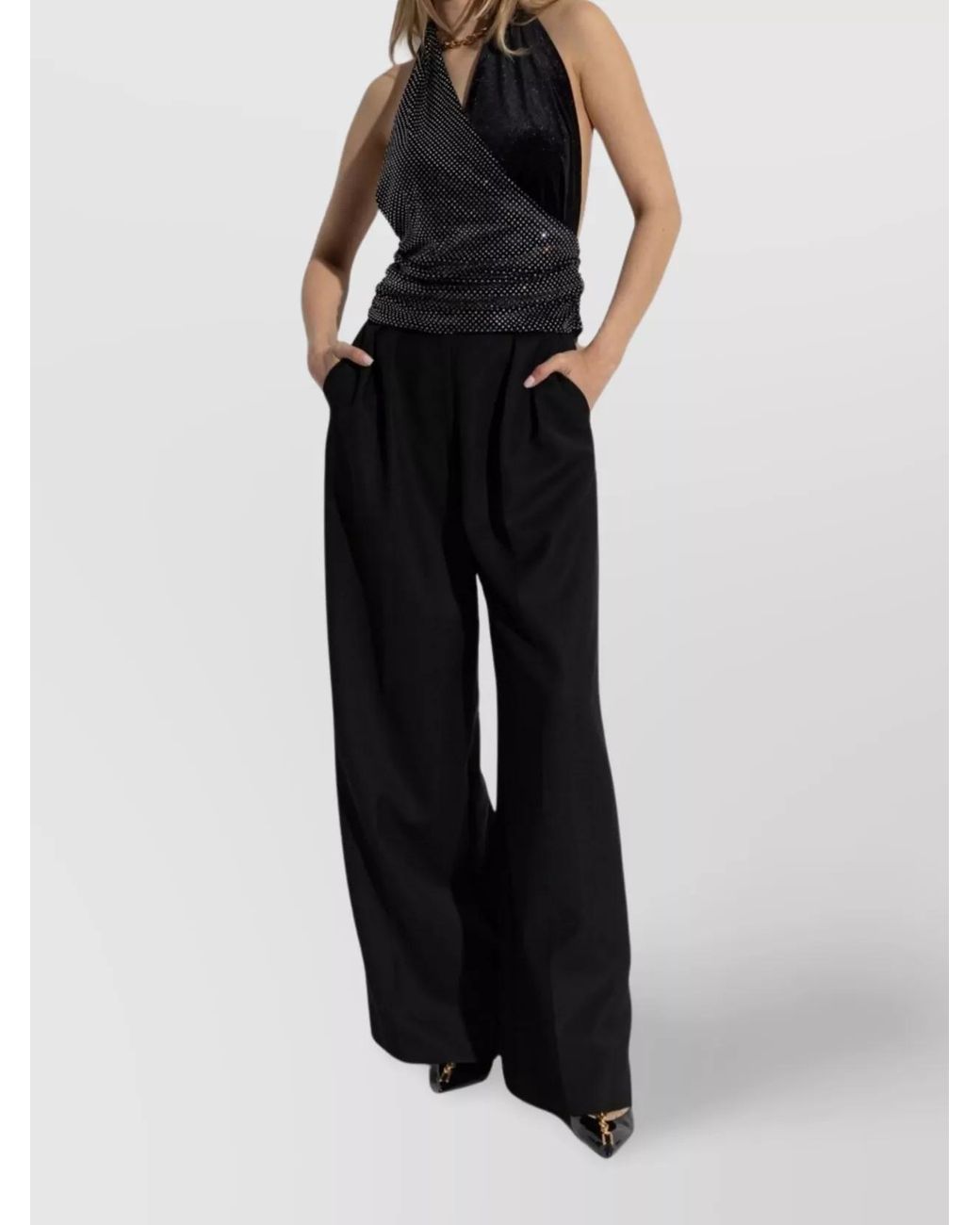 Balmain Black Velvet Crystal Embellished Gathered Wrap Halterneck Top