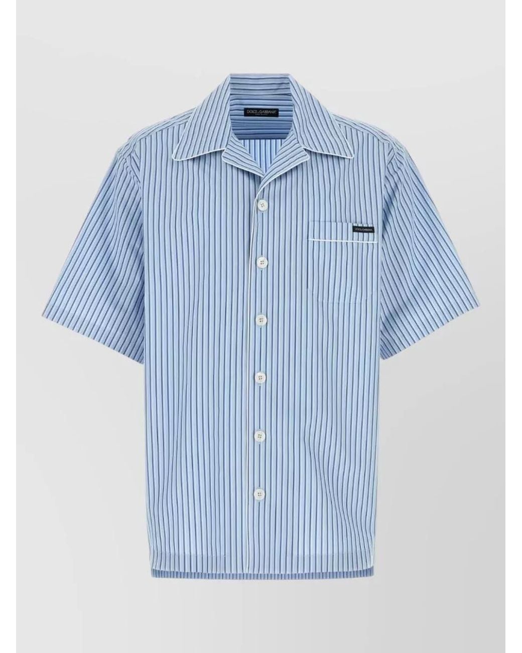 Dolce & Gabbana Blue Silk Cotton Striped Short-Sleeve Hawaii Shirt for men