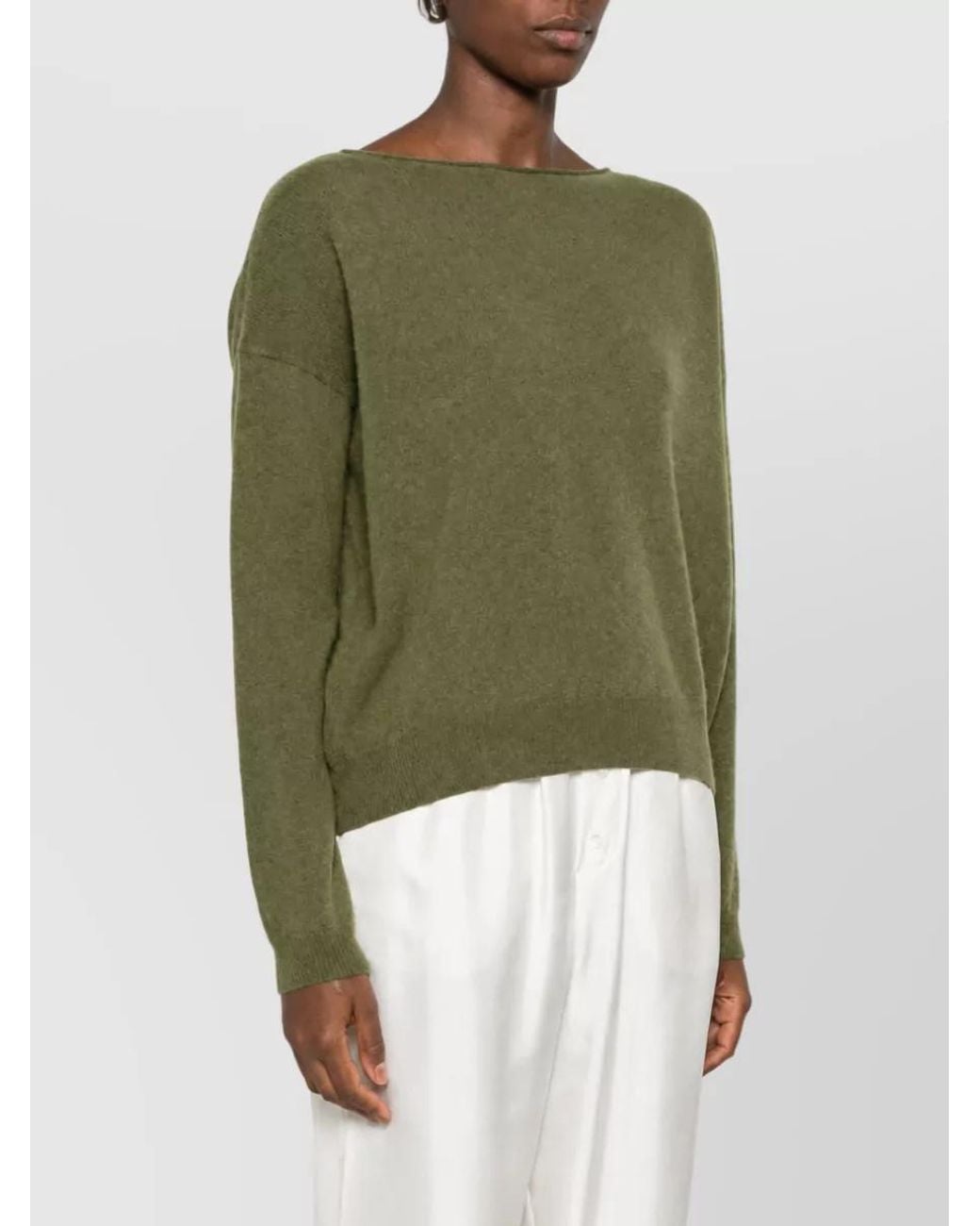 C.t. Plage Green Cashmere Fine-Knit Boat Neck Long-Sleeve Sweater