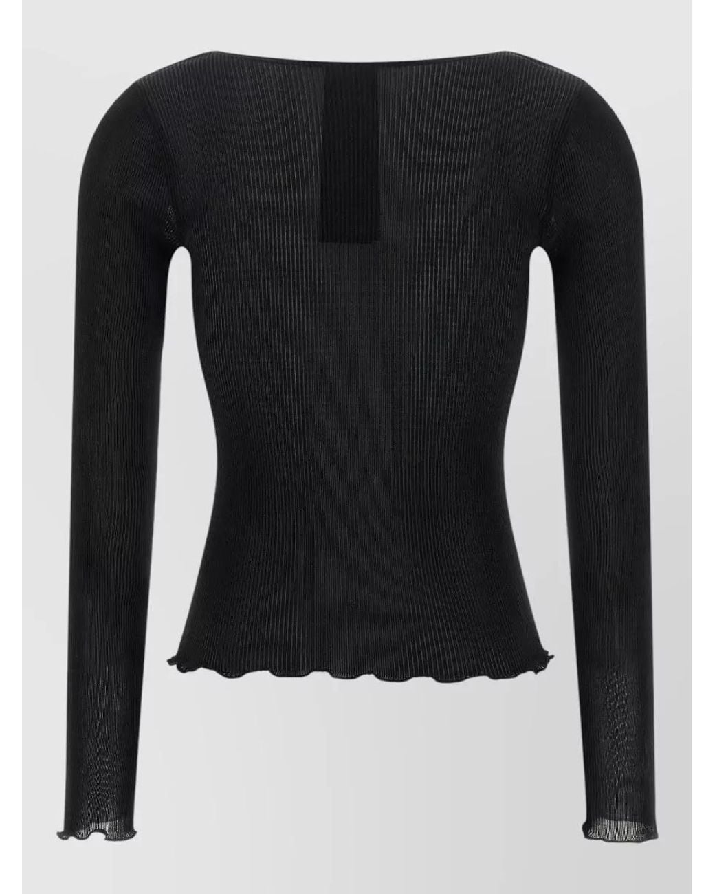 Saint Laurent Black Silk Ribbed V-Neck Long-Sleeve Top