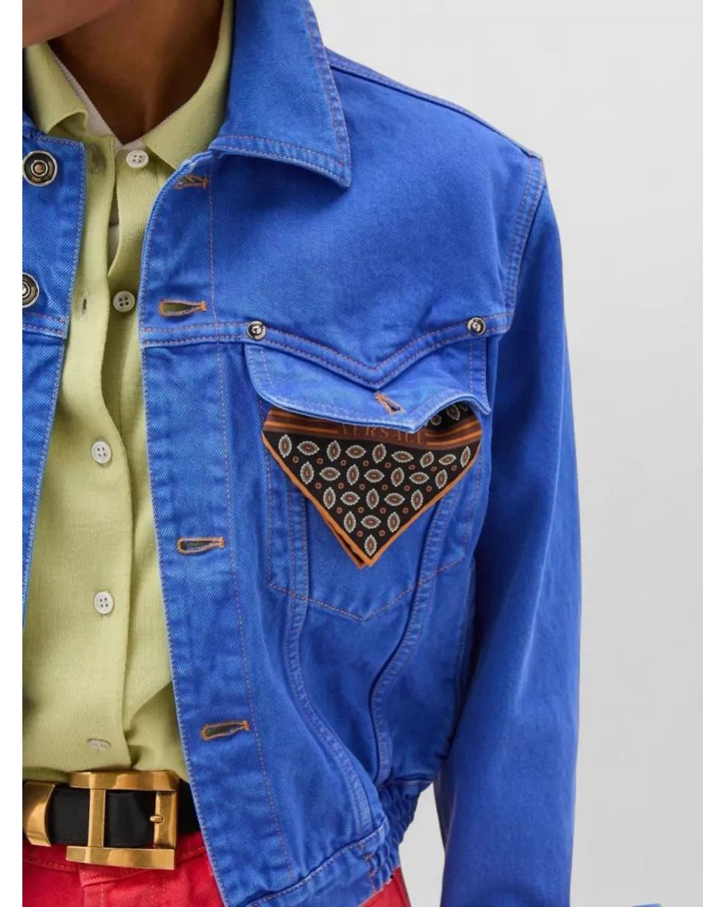 Versace Blue Cropped Jacket Buttoned Cuffs Chest Pockets