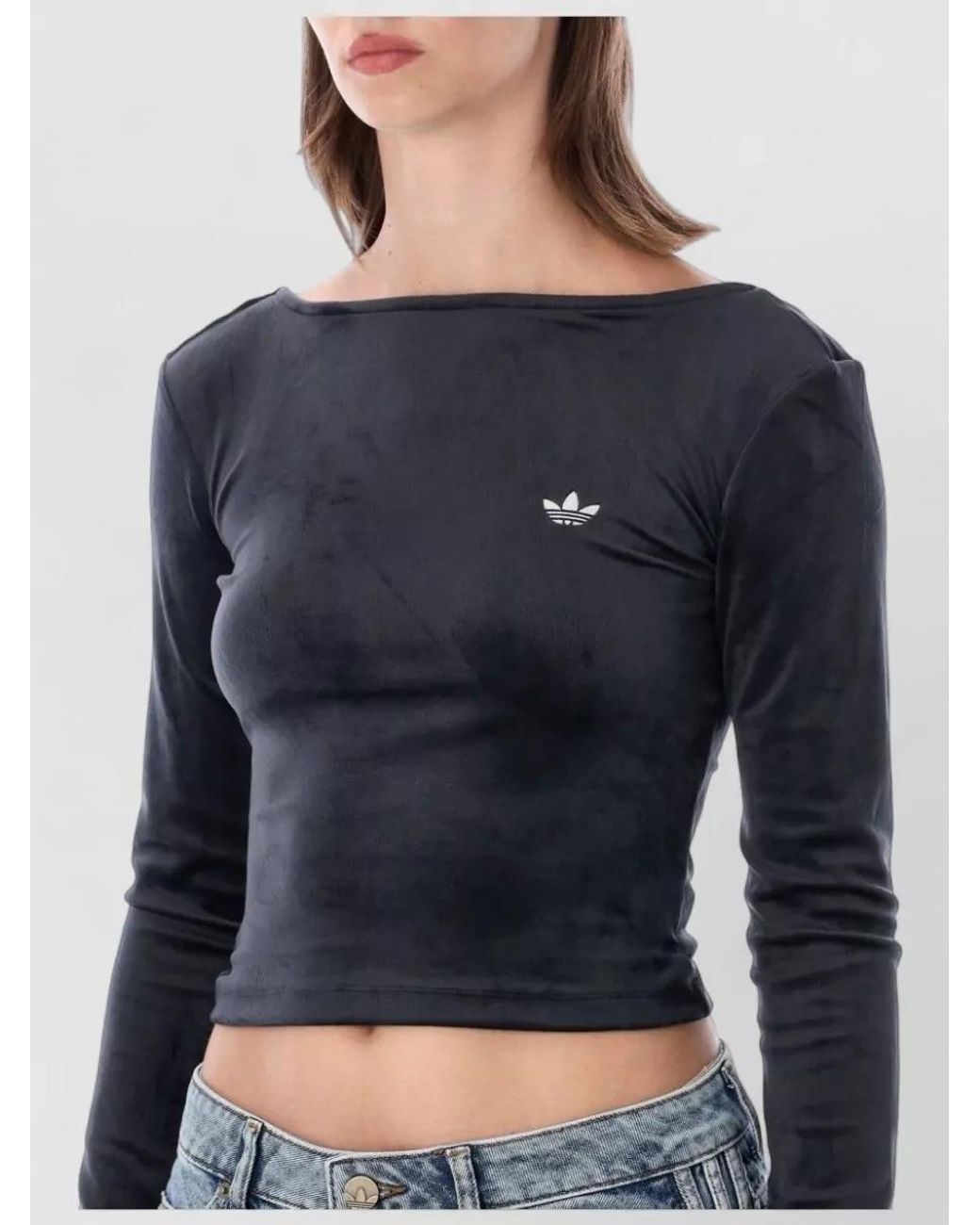 Adidas Originals Blue Velour Slim-Fit Cropped Boat Neck Open-Back Long-Sleeve Top