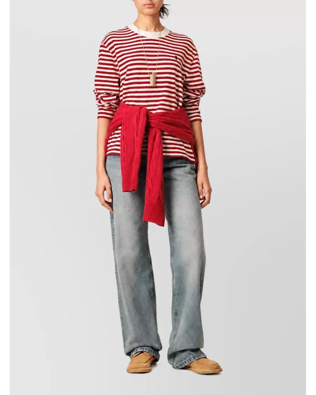 AMI Red Striped Long-Sleeve Cotton Crew-Neck Jumper