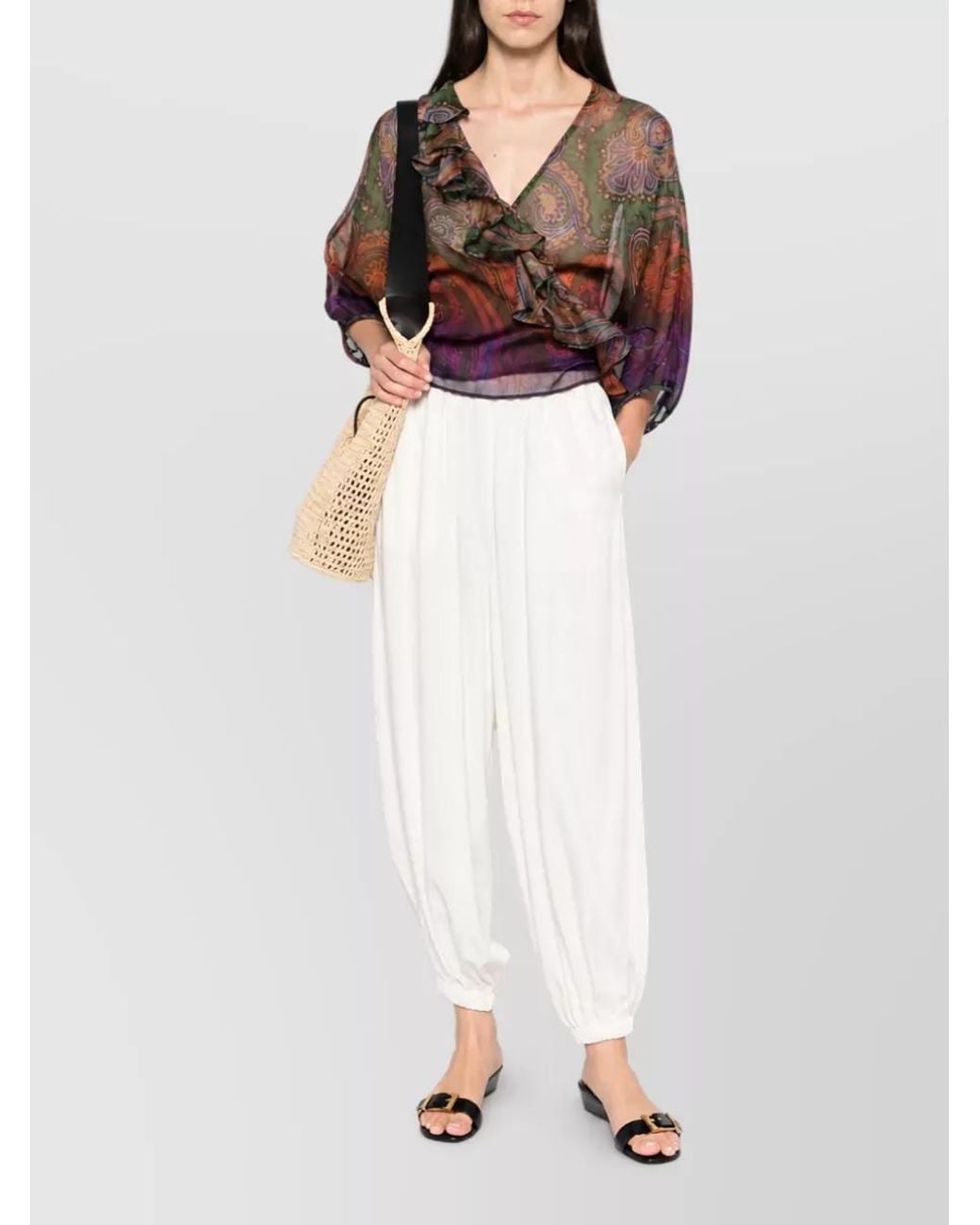 Etro Multicolor Silk Paisley-Print Wrap Ruffled V-Neck Short-Sleeve Blouse