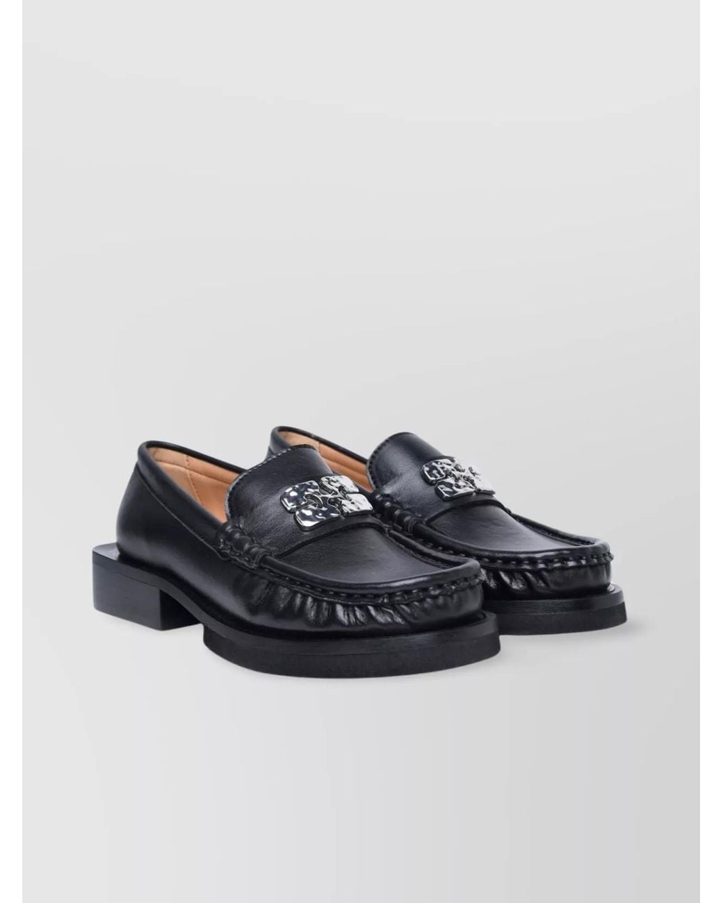 Ganni Blue Leather Loafers With Stacked Heel And Metallic Hardware