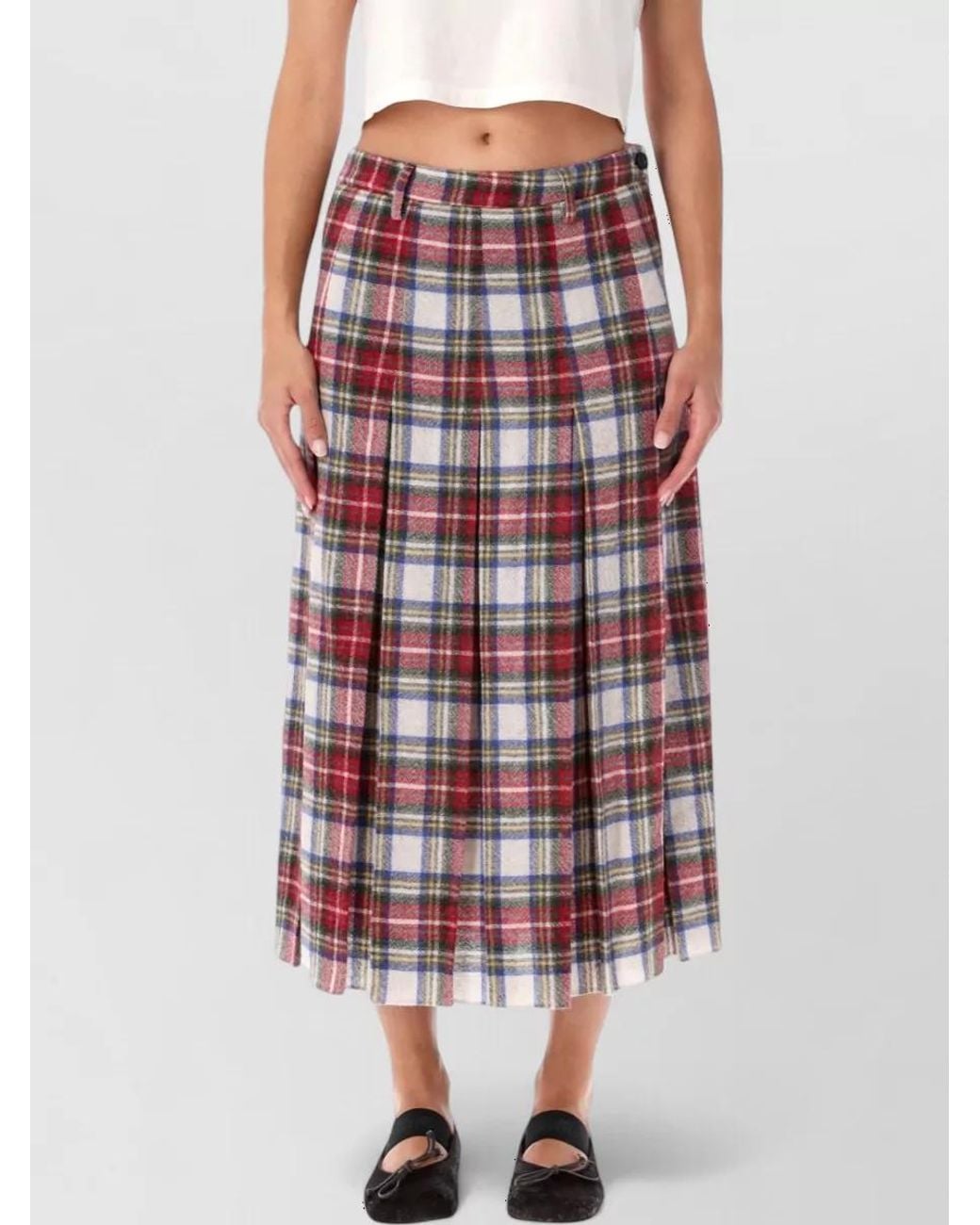 MM6 by Maison Margiela Red Pleated Checked Midi Skirt