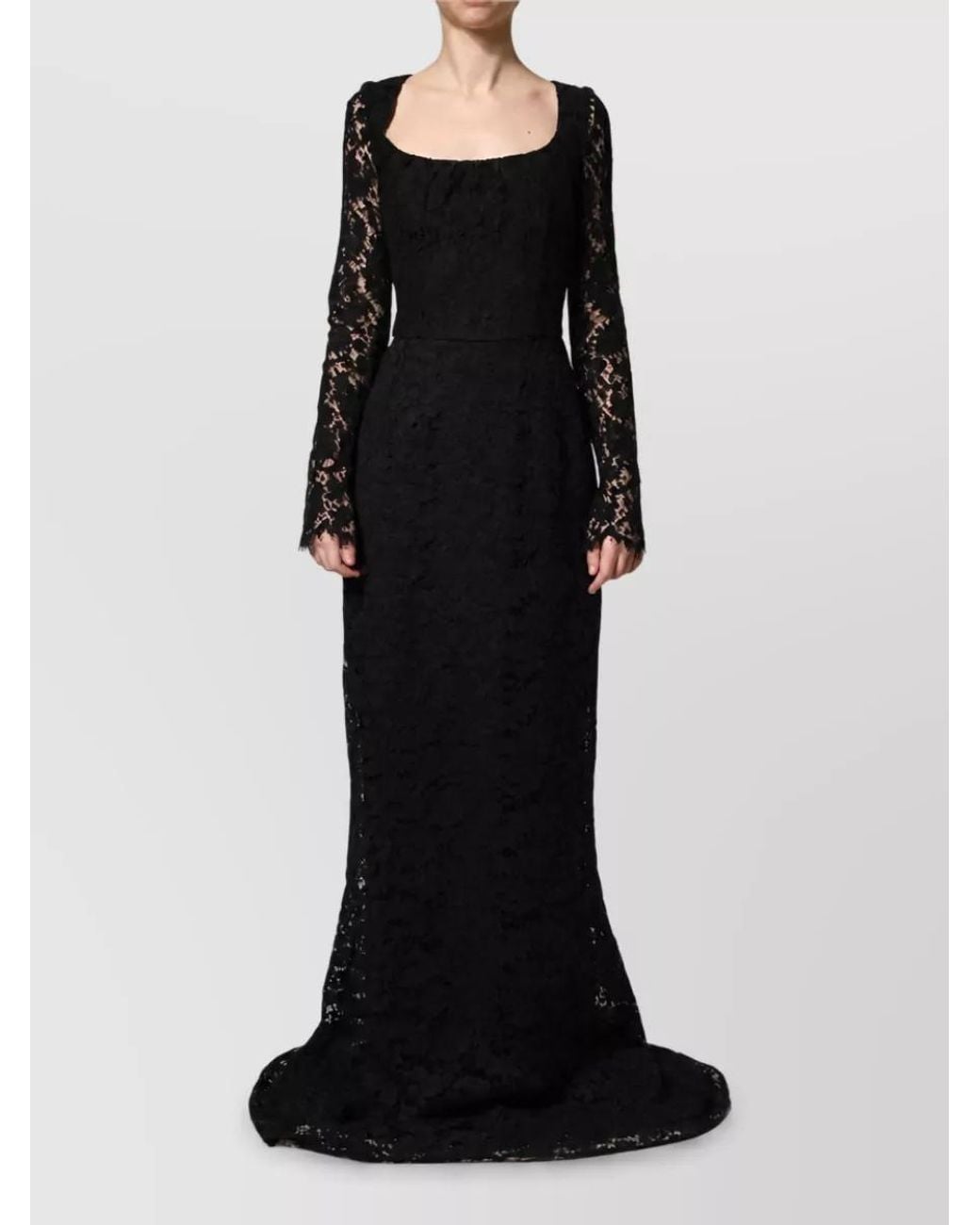 Dolce & Gabbana Black Lace Square Neck Long-Sleeve Maxi Gown