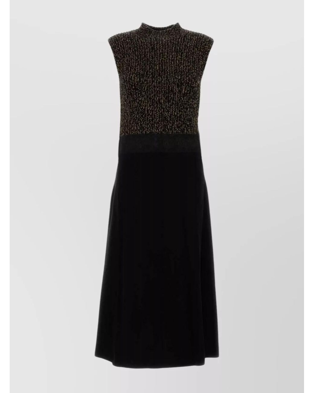 Prada Black Wool Cashmere Relaxed-Fit Ribbed Crew-Neck Flared Midi Dress