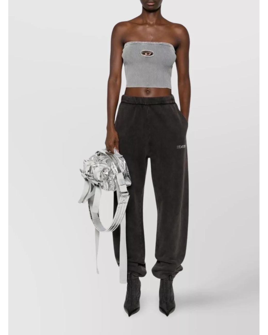 DIESEL Gray Cotton Ribbed Slim-Fit Strapless Cropped Top