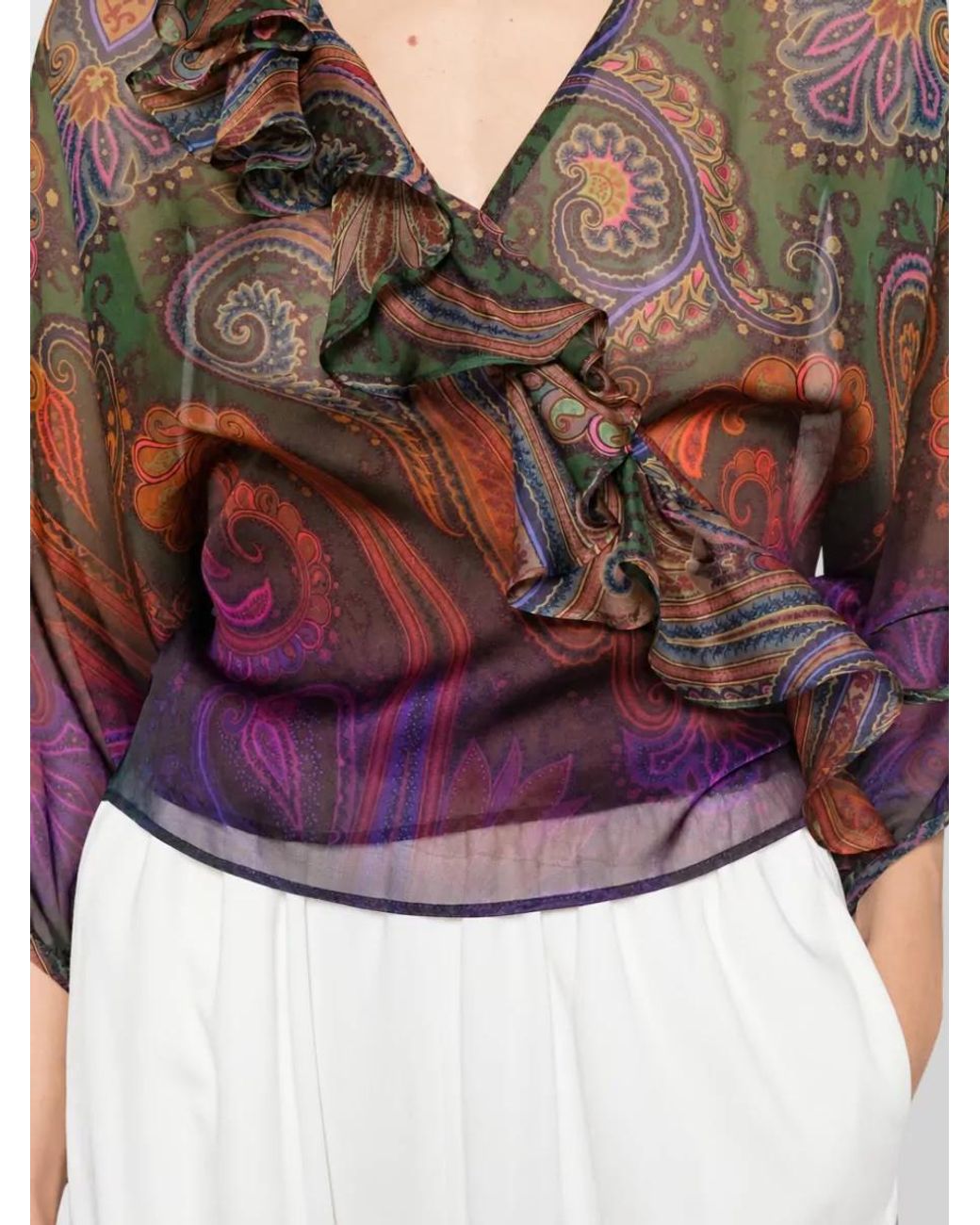 Etro Multicolor Silk Paisley-Print Wrap Ruffled V-Neck Short-Sleeve Blouse